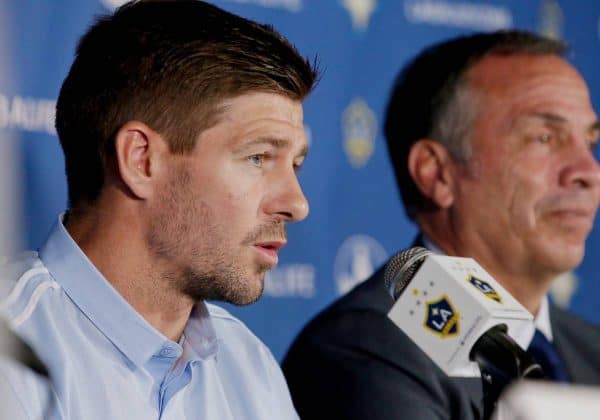 LOS ANGELES, USA - Tuesday, July 7, 2015: Former Liverpool and England captain Steven Gerrard during a press conference after training with his new LA Galaxy team-mates at the StubHub Center. (Pic by Craig Bennett/Propaganda)