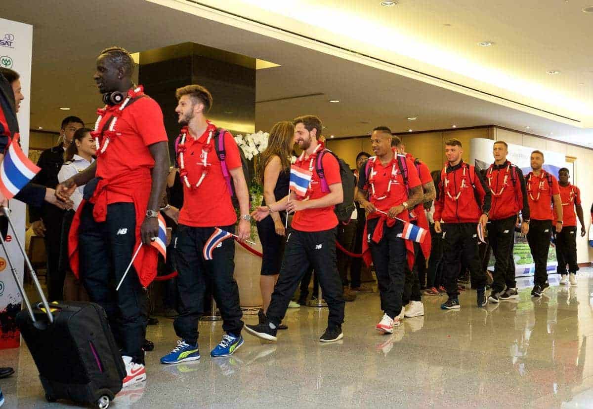 BANGKOK, THAILAND - Monday, July 13, 2015: Liverpool Mamadou Sakho, Adam Lallana, Joe Allen, Nathaniel Clyne at Bangkok's Suvarnabhumi Airport as the team arrive in Thailand for the start of the club's preseason tour. (Pic by David Rawcliffe/Propaganda)