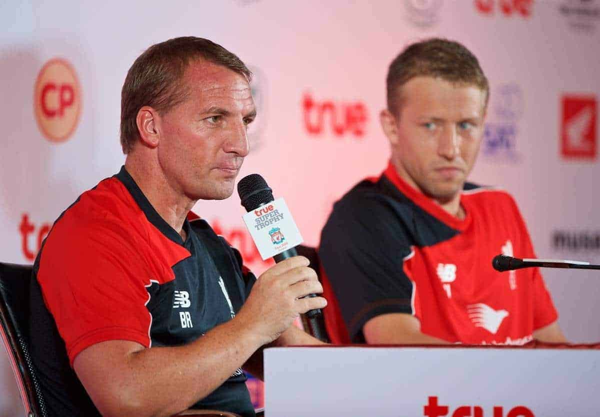 BANGKOK, THAILAND - Monday, July 13, 2015: Liverpool's manager Brendan Rodgers and Lucas Leiva during a press conference at the Plaza Athenee team hotel in Bangkok on day one of the club's preseason tour. (Pic by David Rawcliffe/Propaganda)