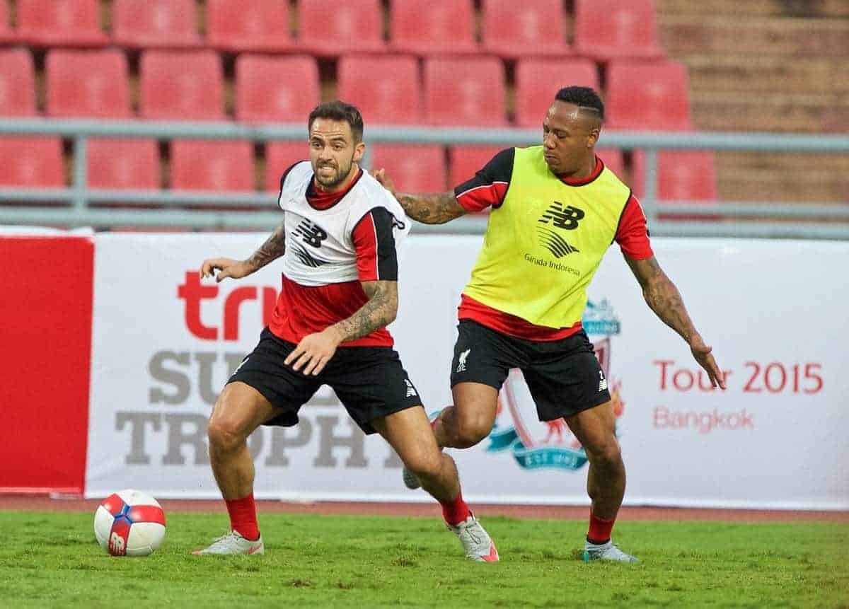 BANGKOK, THAILAND - Monday, July 13, 2015: Liverpool's Danny Ings takes a knock on his left leg from Nathaniel Clyne during a training session at the Rajamangala National Stadium in Bangkok on day one of the club's preseason tour. (Pic by David Rawcliffe/Propaganda)