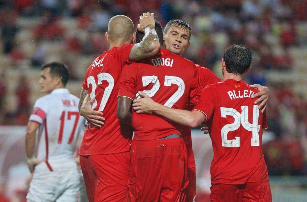 BANGKOK, THAILAND - Tuesday, July 14, 2015: Liverpool's Divock Origi celebrates scoring the fourth goal against True Thai Premier League All Stars during the True Super Trophy match at the Rajamangala National Stadium on day two of the club's preseason tour. (Pic by David Rawcliffe/Propaganda)