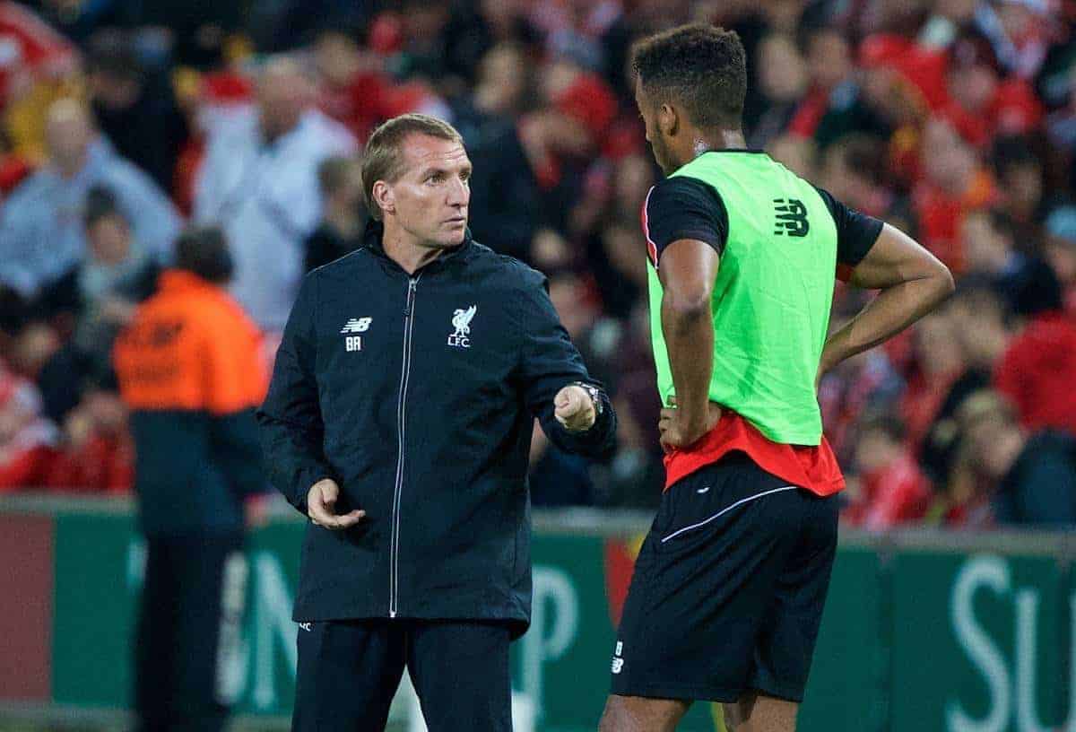BRISBANE, AUSTRALIA - Thursday, July 16, 2015: Liverpool's manager Brendan Rodgers and Joe Gomez during a training session at the Suncorp Stadium in Brisbane on day four of the club's preseason tour. (Pic by David Rawcliffe/Propaganda)