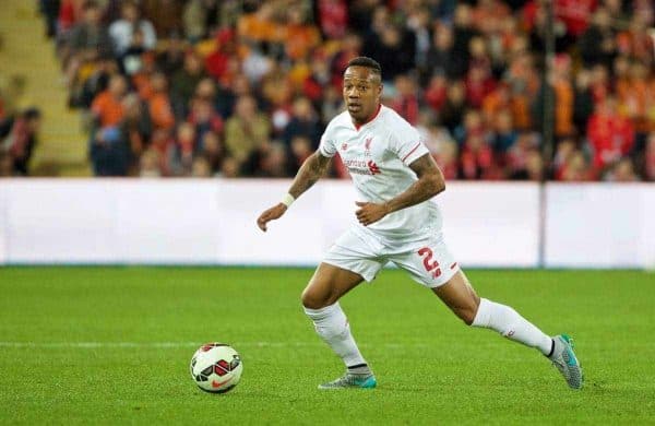 BRISBANE, AUSTRALIA - Friday, July 17, 2015: Liverpool's Nathaniel Clyne in action against Brisbane Roar during a preseason friendly match at the Suncorp Stadium on day five of the club's preseason tour. (Pic by David Rawcliffe/Propaganda)