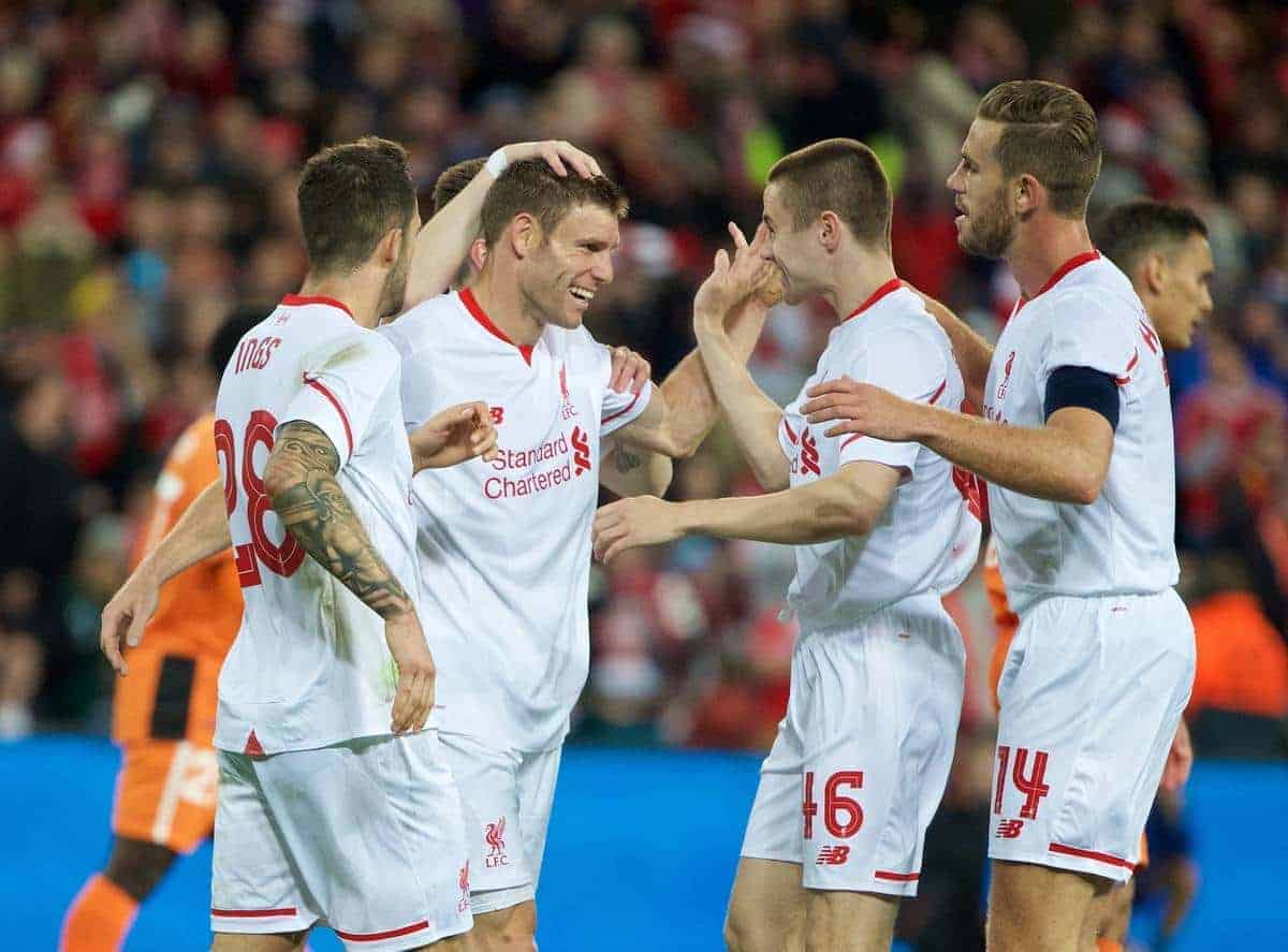 BRISBANE, AUSTRALIA - Friday, July 17, 2015: Liverpool's James Milner celebrates scoring the second goal against Brisbane Roar during a preseason friendly match at the Suncorp Stadium on day five of the club's preseason tour. (Pic by David Rawcliffe/Propaganda)