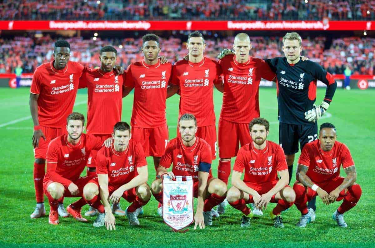 ADELAIDE, AUSTRALIA - Monday, July 20, 2015: Liverpool's players line up for a team group photograph before a preseason friendly match against Adelaide United at the Adelaide Oval on day eight of the club's preseason tour. Back row L-R: Divock Origi, Jordon Ibe, Joe Gomez, Dejan Lovren, Martin Skrtel, goalkeeper Simon Mignolet. Front row L-R: Adam Lallana, James Milner, captain Jordan Henderson, Joe Allen, Nathaniel Clyne. (Pic by David Rawcliffe/Propaganda)