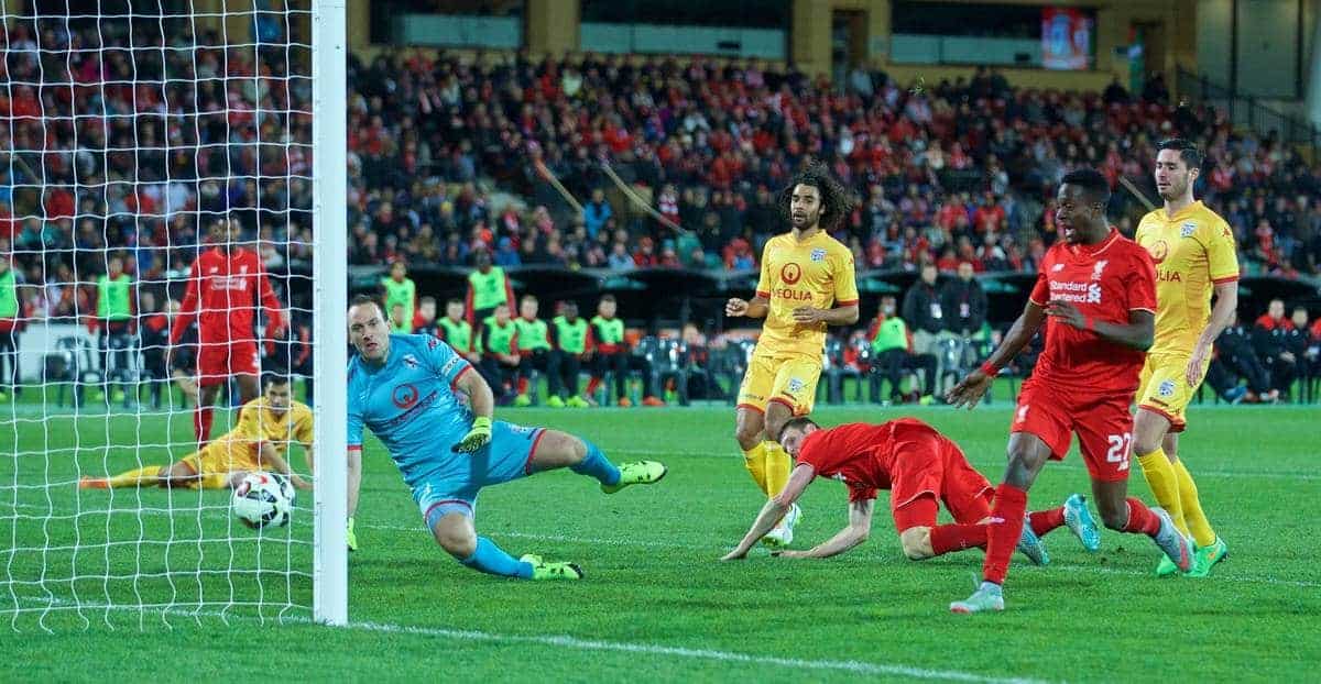 ADELAIDE, AUSTRALIA - Monday, July 20, 2015: Liverpool's James Milner scores the first goal against Adelaide United during a preseason friendly match at the Adelaide Oval on day eight of the club's preseason tour. (Pic by David Rawcliffe/Propaganda)