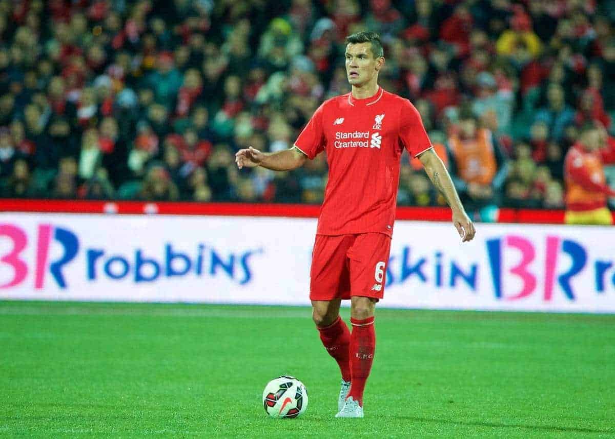 ADELAIDE, AUSTRALIA - Monday, July 20, 2015: Liverpool's Dejan Lovren in action against Adelaide United during a preseason friendly match at the Adelaide Oval on day eight of the club's preseason tour. (Pic by David Rawcliffe/Propaganda)