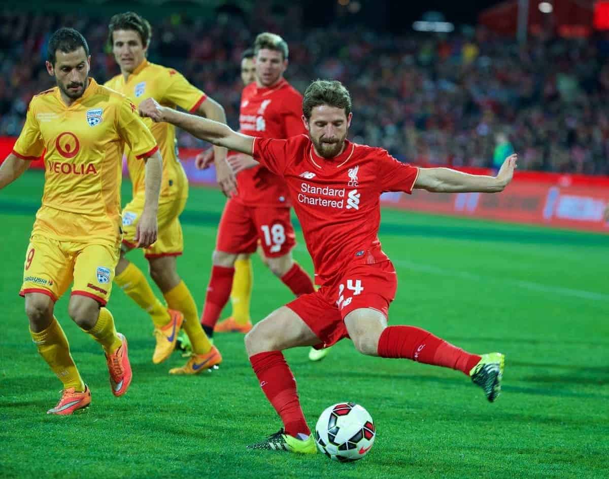 ADELAIDE, AUSTRALIA - Monday, July 20, 2015: Liverpool's Joe Allen in action against Adelaide United during a preseason friendly match at the Adelaide Oval on day eight of the club's preseason tour. (Pic by David Rawcliffe/Propaganda)