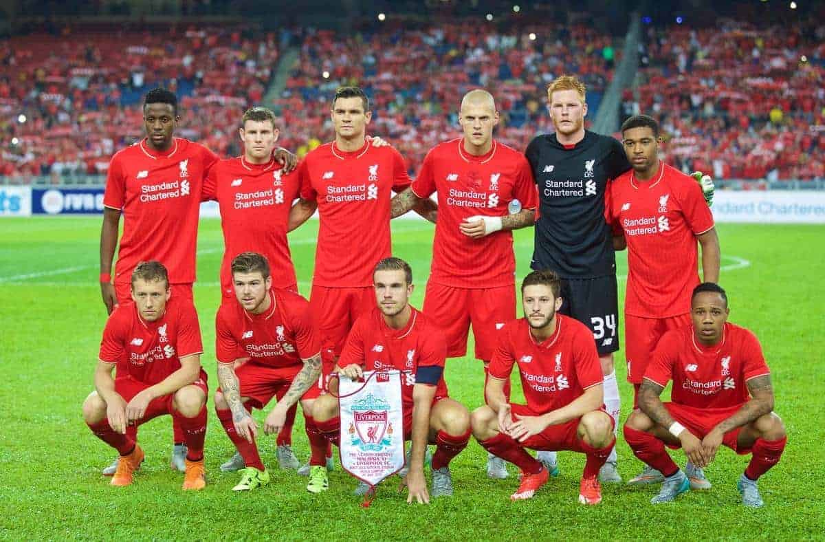 KUALA LUMPUR, MALAYSIA - Friday, July 24, 2015: Liverpool's players line up for a team group photograph before a friendly match at the Bukit Jalil National Stadium on day twelve of the club's preseason tour. Back row L-R: Divock Origi, James Milner, Dejan Lovren, Martin Skrtel, goalkeeper Adam Bogdan, Jordon Ibe. Front row L-R: Lucas Leiva, Alberto Moreno, captain Jordan Henderson, Adam Lallana and Nathaniel Clyne. (Pic by David Rawcliffe/Propaganda)