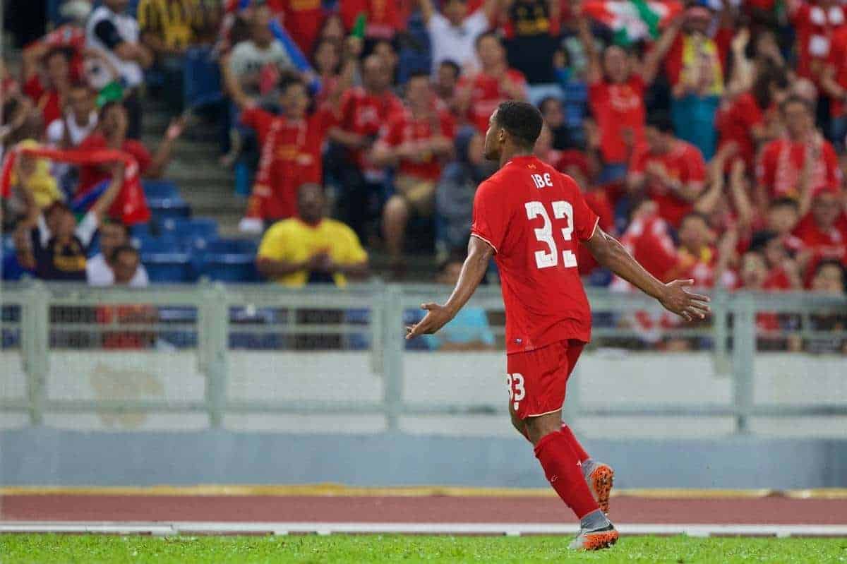 KUALA LUMPUR, MALAYSIA - Friday, July 24, 2015: Liverpool's Jordon Ibe celebrates scoring the first goal against a Malaysia XI during a friendly match at the Bukit Jalil National Stadium on day twelve of the club's preseason tour. (Pic by David Rawcliffe/Propaganda)
