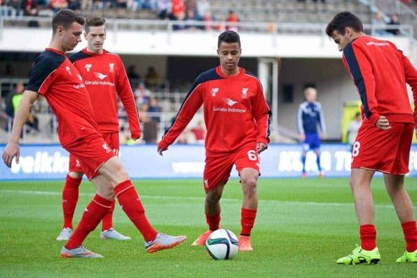 HELSINKI, FINLAND - Friday, July 31, 2015: Liverpool's new face Allan Rodrigues de Sousa warms up before a friendly match against HJK Helsinki at the Olympic Stadium. (Pic by David Rawcliffe/Propaganda)