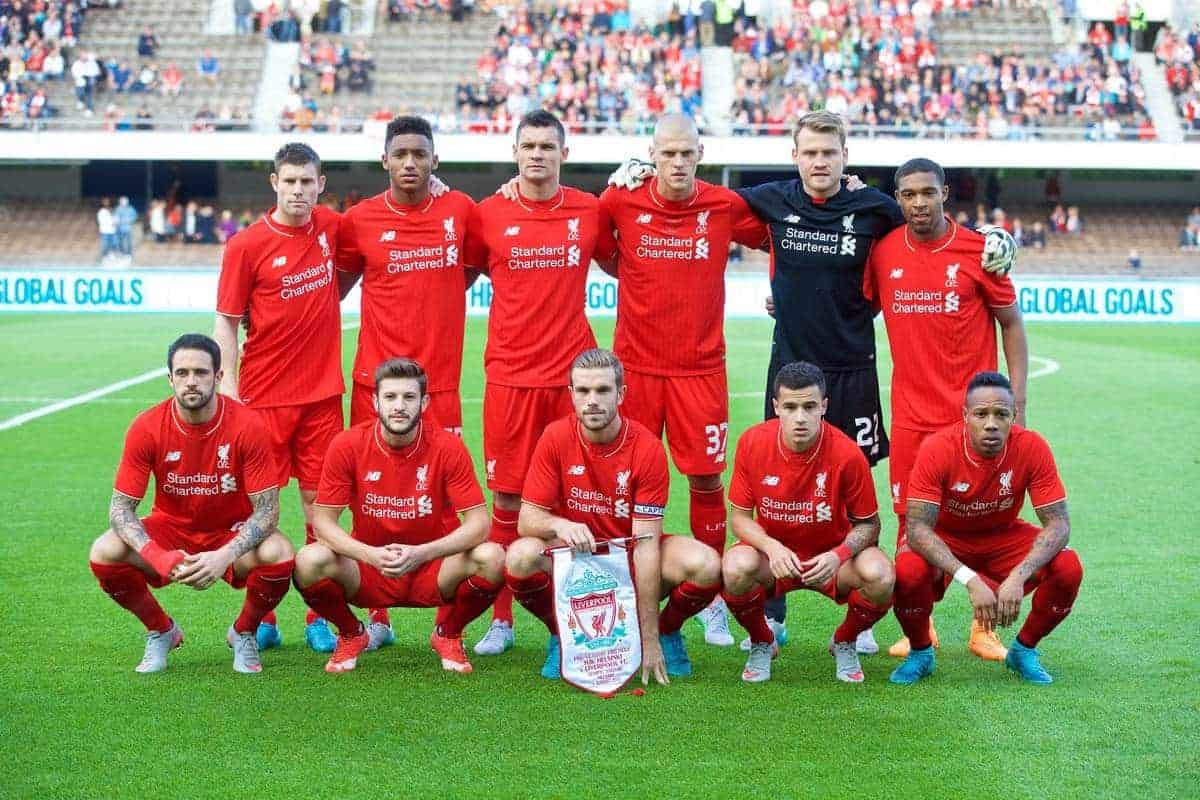 HELSINKI, FINLAND - Friday, July 31, 2015: Liverpool's players line up for a team group photograph before a friendly match against HJK Helsinki at the Olympic Stadium. Back row L-R: James Milner, Joe Gomez, Dejan Lovren, Martin Skrtel, goalkeeper Simon Mignolet, Jordon Ibe. Front row L-R: Danny Ings, Adam Lallana, captain Jordan Henderson, Philippe Coutinho Correia, Nathaniel Clyne. (Pic by David Rawcliffe/Propaganda)