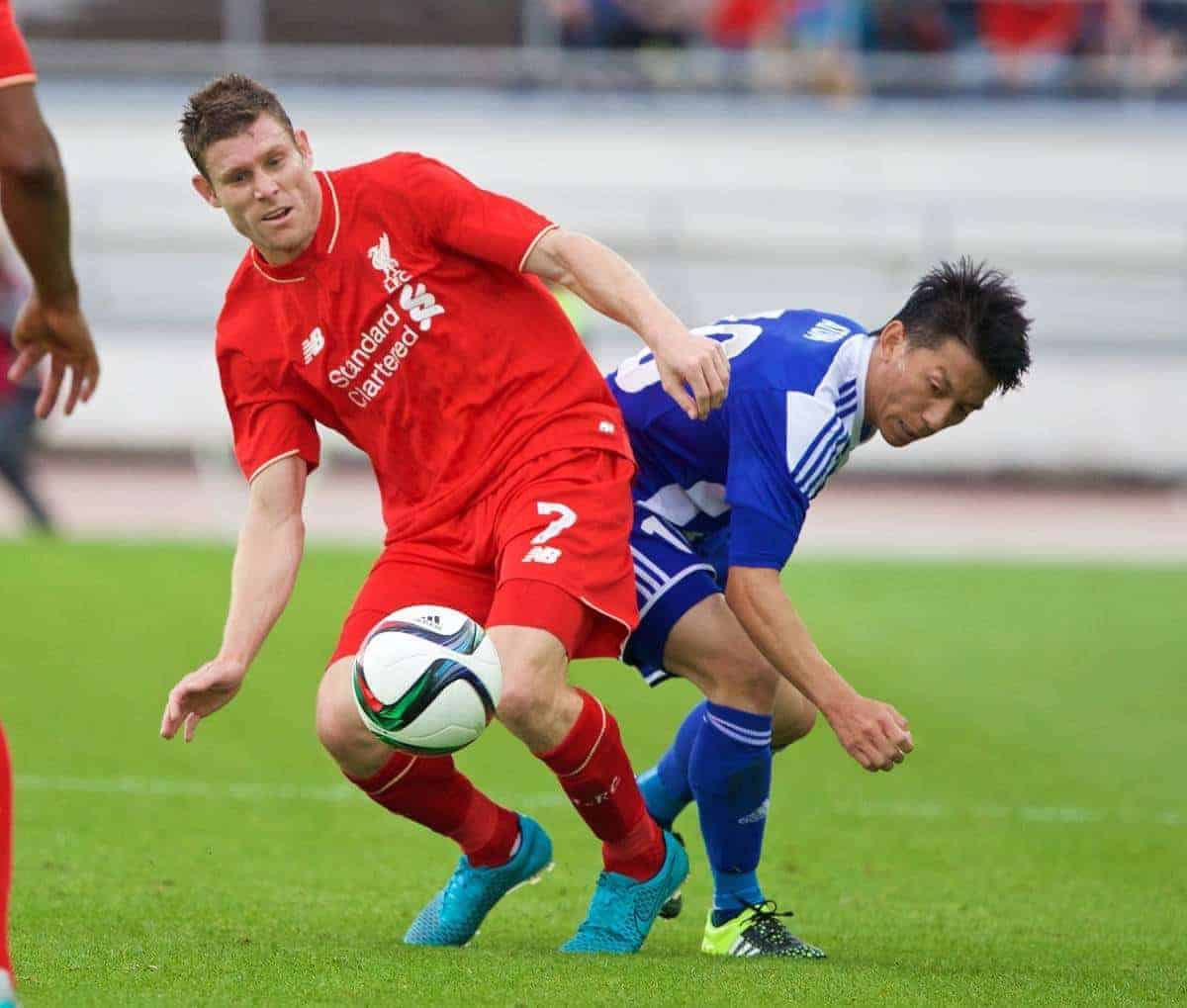 HELSINKI, FINLAND - Friday, July 31, 2015: Liverpool's James Milner in action against HJK Helsinki during a friendly match at the Olympic Stadium. (Pic by David Rawcliffe/Propaganda)