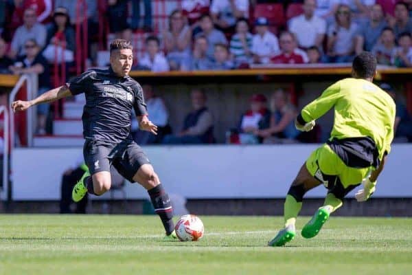 SWINDON, ENGLAND - Sunday, August 2, 2015: Liverpool's Roberto Firmino in action against Swindon Town during a friendly match at the County Ground. (Pic by Mark Hawkins/Propaganda)