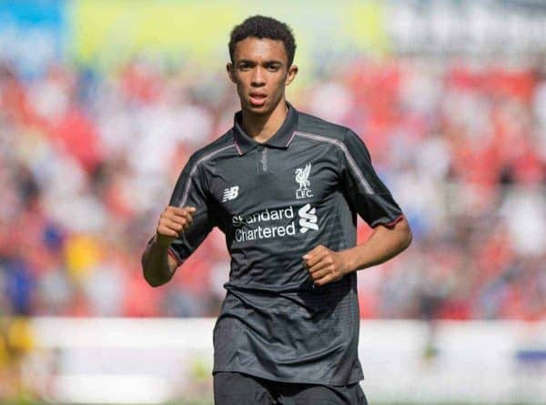 SWINDON, ENGLAND - Sunday, August 2, 2015: Liverpool's Trent Alexander-Arnold in action against Swindon Town during a friendly match at the County Ground. (Pic by Mark Hawkins/Propaganda)