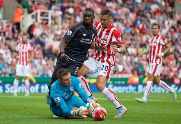 STOKE-ON-TRENT, ENGLAND - Sunday, August 9, 2015: Liverpool's Christian Benteke is denied by Stoke City's goalkeeper Jack Butland during the Premier League match at the Britannia Stadium. (Pic by David Rawcliffe/Propaganda)