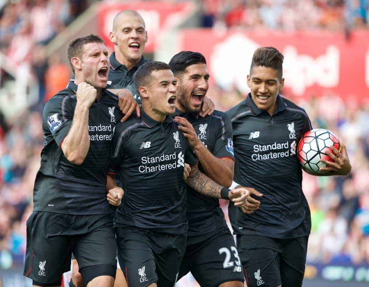 STOKE-ON-TRENT, ENGLAND - Sunday, August 9, 2015: Liverpool's Philippe Coutinho Correia celebrates scoring the first goal against Stoke City during the Premier League match at the Britannia Stadium. (Pic by David Rawcliffe/Propaganda)