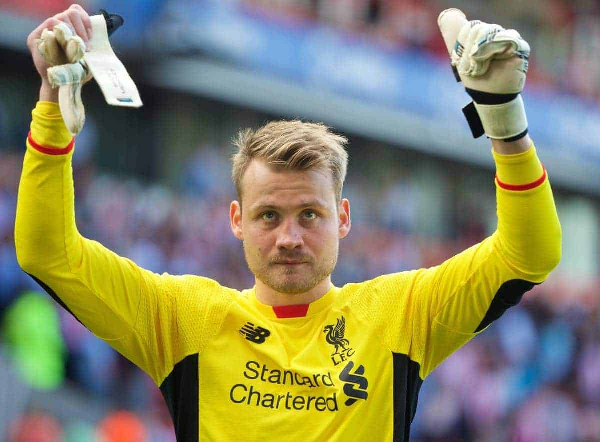 STOKE-ON-TRENT, ENGLAND - Sunday, August 9, 2015: Liverpool's goalkeeper Simon Mignolet applauds the supporters after the 1-0 victory over Stoke City during the Premier League match at the Britannia Stadium. (Pic by David Rawcliffe/Propaganda)