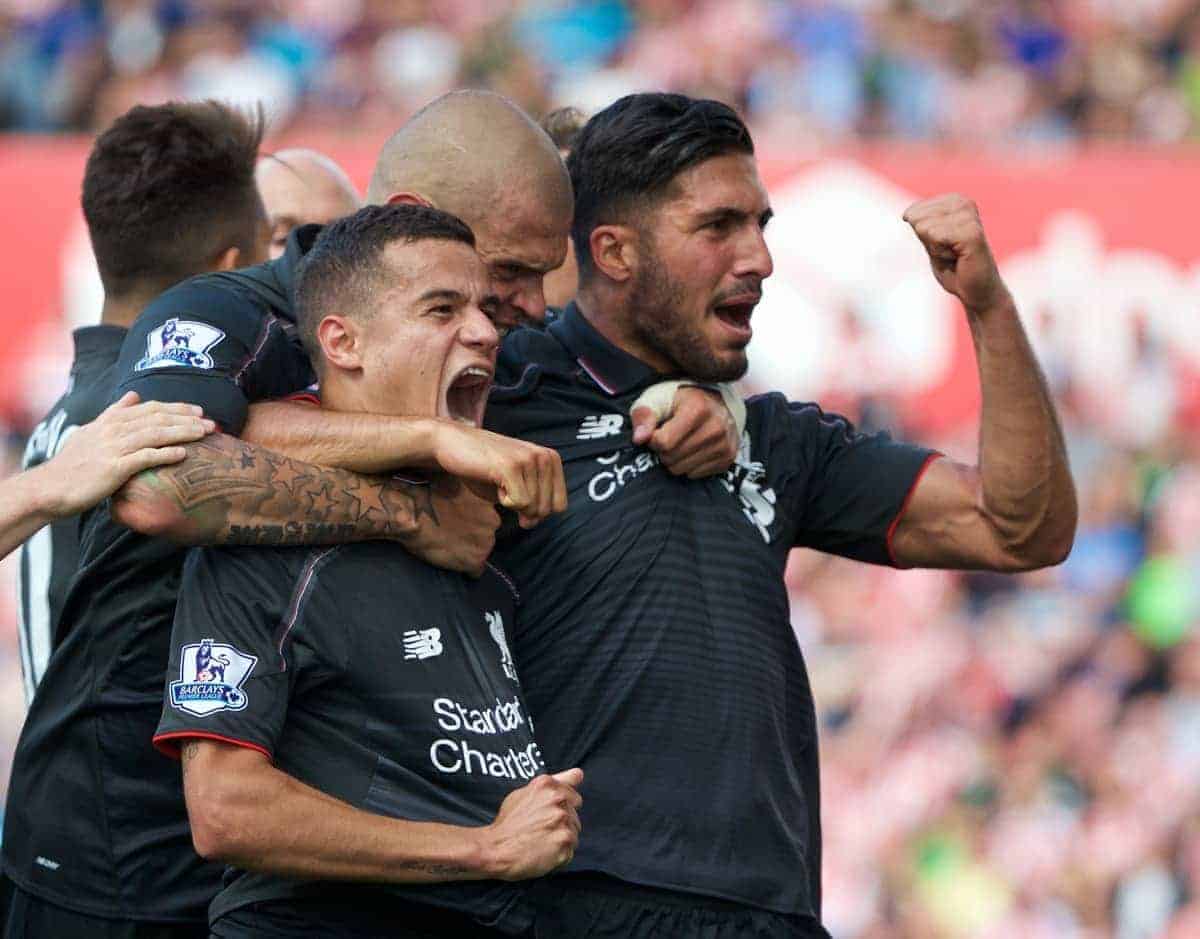 STOKE-ON-TRENT, ENGLAND - Sunday, August 9, 2015: Liverpool's Philippe Coutinho Correia celebrates scoring the winning goal against Stoke City during the Premier League match at the Britannia Stadium. (Pic by David Rawcliffe/Propaganda)