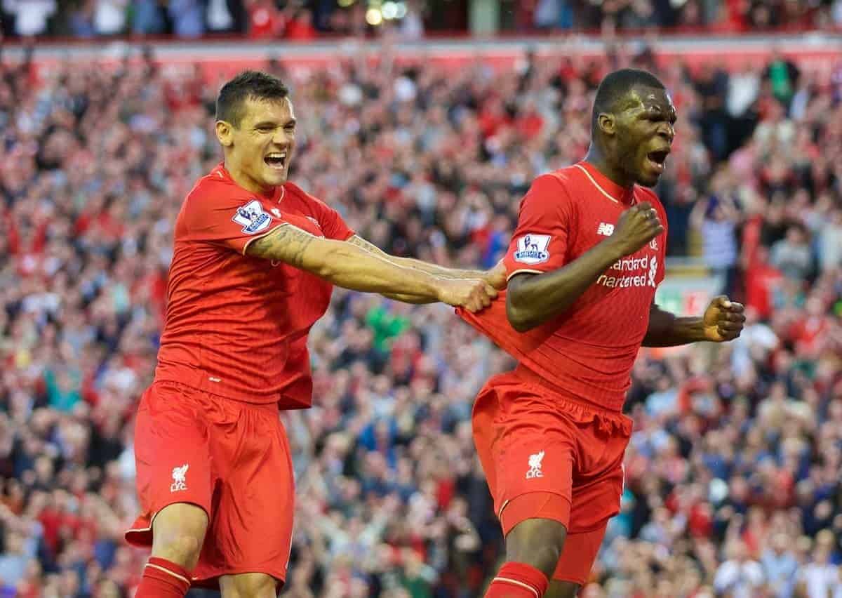 LIVERPOOL, ENGLAND - Monday, August 17, 2015: Liverpool's Christian Benteke celebrates scoring the first goal against AFC Bournemouth during the Premier League match at Anfield. (Pic by David Rawcliffe/Propaganda)