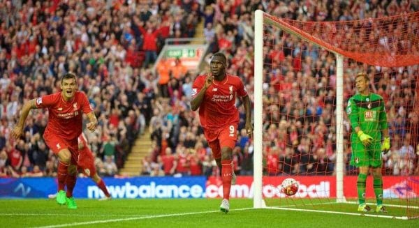 LIVERPOOL, ENGLAND - Monday, August 17, 2015: Liverpool's Christian Benteke celebrates scoring the first goal against AFC Bournemouth during the Premier League match at Anfield. (Pic by David Rawcliffe/Propaganda)