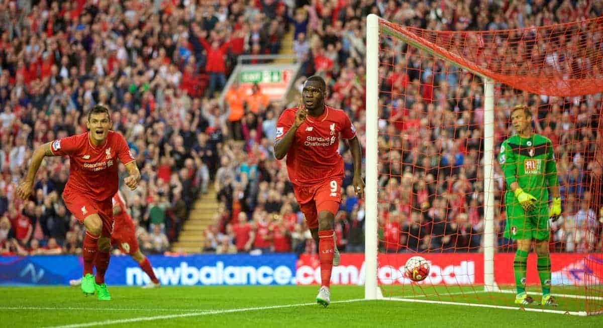 LIVERPOOL, ENGLAND - Monday, August 17, 2015: Liverpool's Christian Benteke celebrates scoring the first goal against AFC Bournemouth during the Premier League match at Anfield. (Pic by David Rawcliffe/Propaganda)