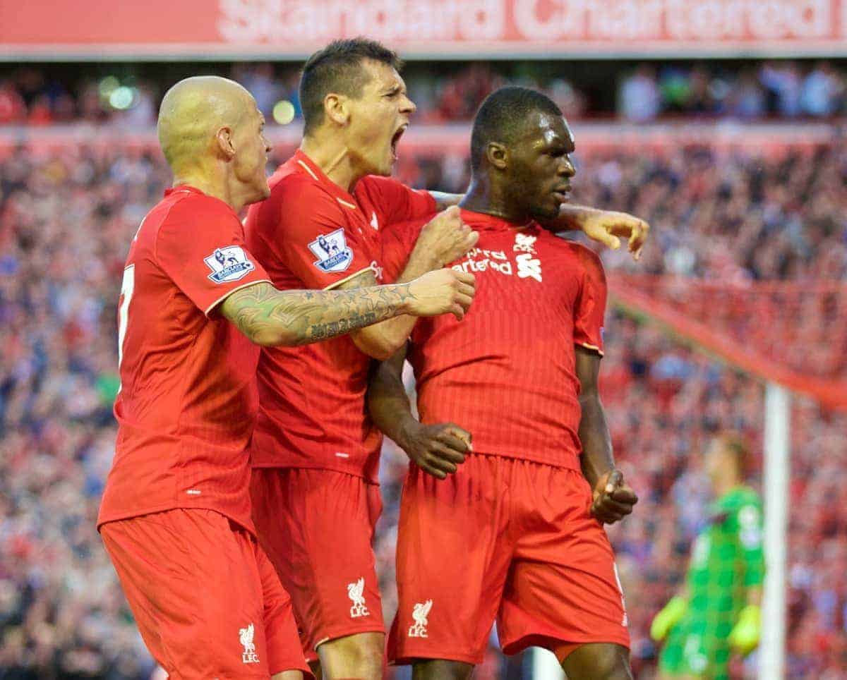 LIVERPOOL, ENGLAND - Monday, August 17, 2015: Liverpool's Christian Benteke celebrates scoring the first goal against AFC Bournemouth during the Premier League match at Anfield. (Pic by David Rawcliffe/Propaganda)