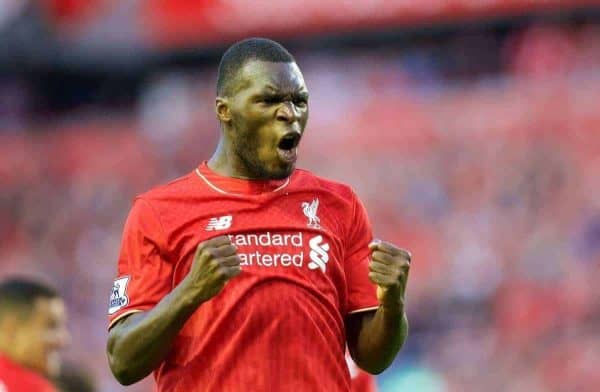 LIVERPOOL, ENGLAND - Monday, August 17, 2015: Liverpool's Christian Benteke celebrates scoring the first goal against AFC Bournemouth during the Premier League match at Anfield. (Pic by David Rawcliffe/Propaganda)