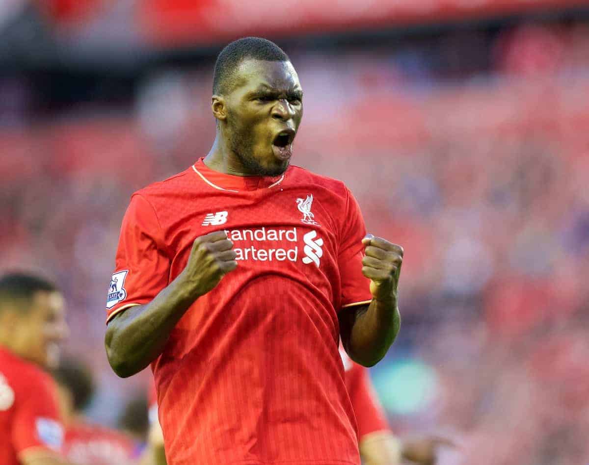 LIVERPOOL, ENGLAND - Monday, August 17, 2015: Liverpool's Christian Benteke celebrates scoring the first goal against AFC Bournemouth during the Premier League match at Anfield. (Pic by David Rawcliffe/Propaganda)