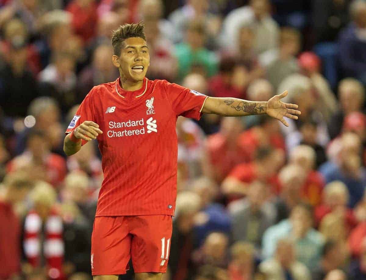 LIVERPOOL, ENGLAND - Monday, August 17, 2015: Liverpool's Roberto Firmino in action against AFC Bournemouth during the Premier League match at Anfield. (Pic by David Rawcliffe/Propaganda)