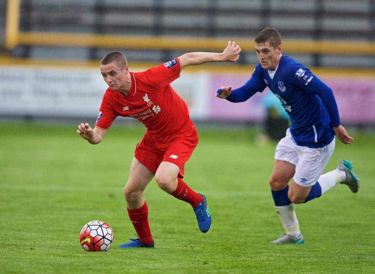 SOUTHPORT, ENGLAND - Wednesday, August 19, 2015: Liverpool's Jordan Rossiter in action against Everton during the Under 21 FA Premier League match at Haig Avenue. (Pic by David Rawcliffe/Propaganda)