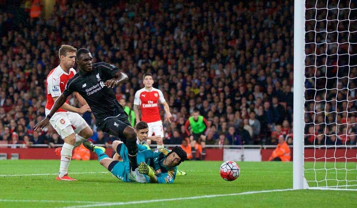 LONDON, ENGLAND - Monday, August 24, 2015: Liverpool's Christian Benteke looks dejected after missing a chance against Arsenal during the Premier League match at the Emirates Stadium. (Pic by David Rawcliffe/Propaganda)