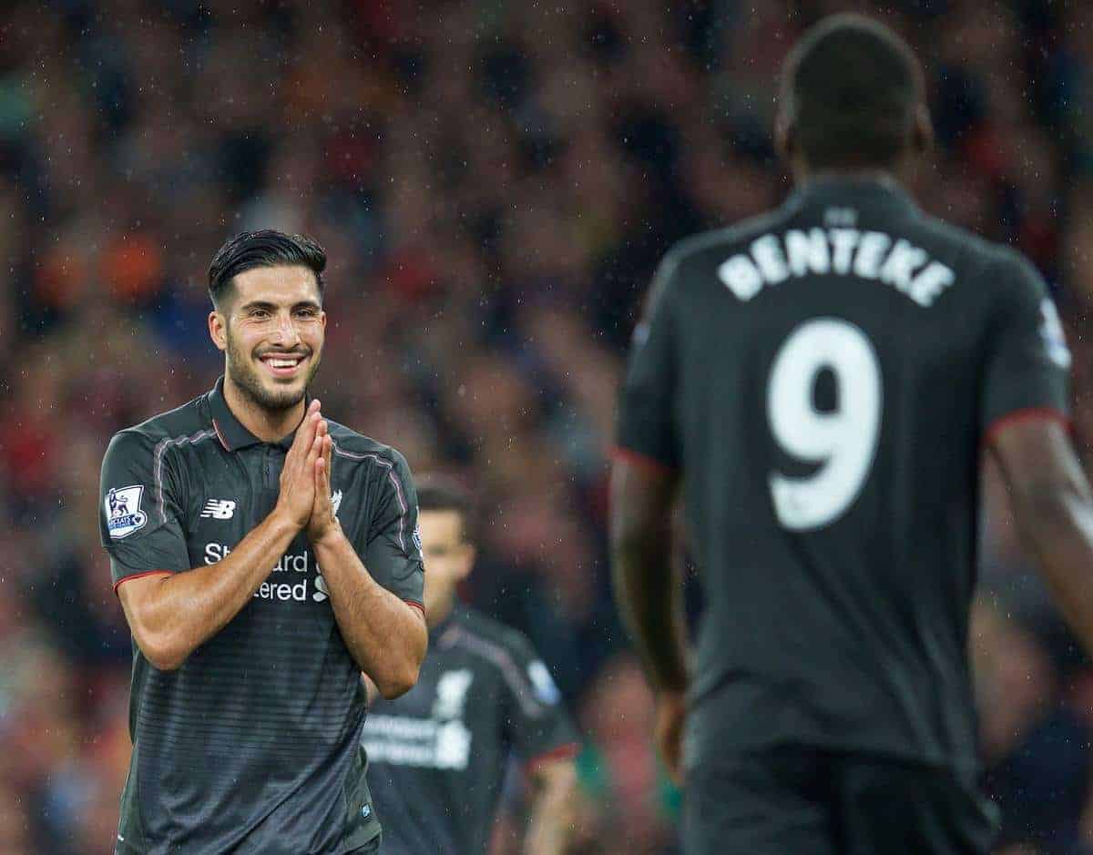 LONDON, ENGLAND - Monday, August 24, 2015: Liverpool's Emre Can reacts to a miss from team-mate Christian Benteke against Arsenal during the Premier League match at the Emirates Stadium. (Pic by David Rawcliffe/Propaganda)