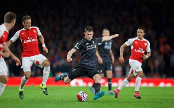 LONDON, ENGLAND - Monday, August 24, 2015: Liverpool's James Milner in action against Arsenal during the Premier League match at the Emirates Stadium. (Pic by David Rawcliffe/Propaganda)