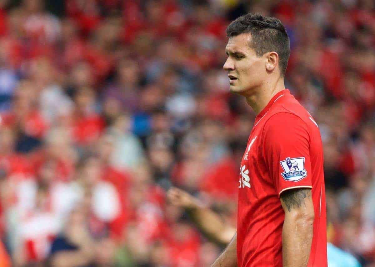 LIVERPOOL, ENGLAND - Saturday, August 29, 2015: Liverpool's Dejan Lovren looks dejected after his mistake led to West Ham United's second goal during the Premier League match at Anfield. (Pic by David Rawcliffe/Propaganda)