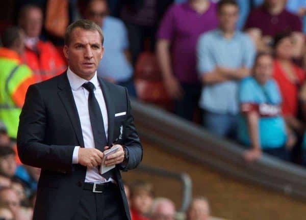 LIVERPOOL, ENGLAND - Saturday, August 29, 2015: Liverpool's manager Brendan Rodgers and West Ham United's manager Slaven Bilic during the Premier League match at Anfield. (Pic by David Rawcliffe/Propaganda)