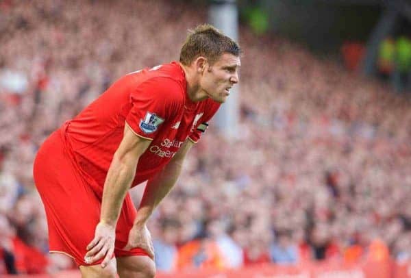 LIVERPOOL, ENGLAND - Saturday, August 29, 2015: Liverpool's James Milner looks dejected during the 3-0 Premier League defeat to West Ham United at Anfield. (Pic by David Rawcliffe/Propaganda)