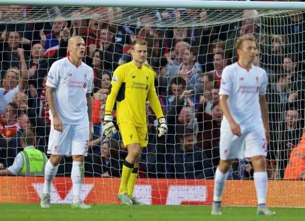 MANCHESTER, ENGLAND - Saturday, September 12, 2015: Liverpool's goalkeeper Simon Mignolet looks dejected as Manchester United score the third goal during the Premier League match at Old Trafford. (Pic by David Rawcliffe/Propaganda)