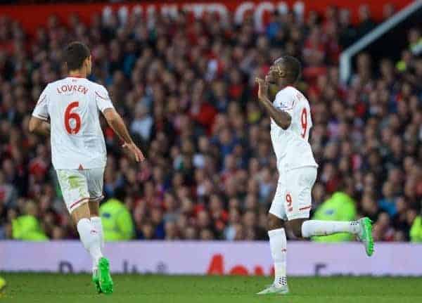 MANCHESTER, ENGLAND - Saturday, September 12, 2015: Liverpool's Christian Benteke celebrates scoring the first goal against Manchester United during the Premier League match at Old Trafford. (Pic by David Rawcliffe/Propaganda)