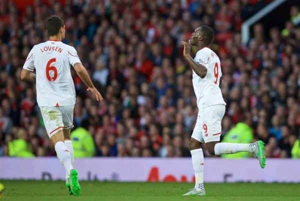 MANCHESTER, ENGLAND - Saturday, September 12, 2015: Liverpool's Christian Benteke celebrates scoring the first goal against Manchester United during the Premier League match at Old Trafford. (Pic by David Rawcliffe/Propaganda)