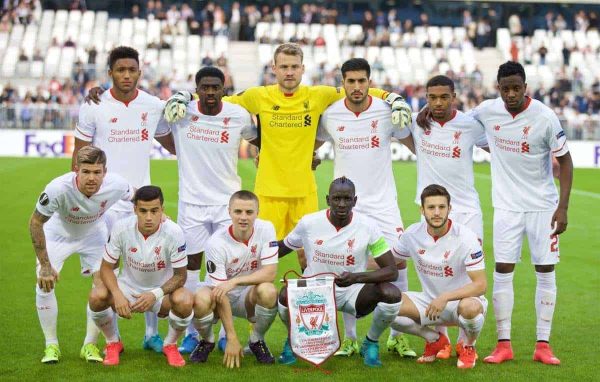 BORDEAUX, FRANCE - Thursday, September 17, 2015: Liverpool's players line up for a team group photograph before the UEFA Europa League Group Stage Group B match against FC Girondins de Bordeaux at the Nouveau Stade de Bordeaux. Front row L-R: Joe Gomez, Kolo Toure, goalkeeper Simon Mignolet, Emre Can, Jordon Ibe, Divock Origi. Front row L-R: Alberto Moreno, Philippe Coutinho Coreia, Jordan Rossiter, Mamadou Sakho, Adam Lallana. (Pic by David Rawcliffe/Propaganda)