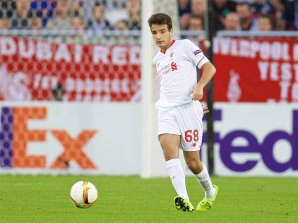 BORDEAUX, FRANCE - Thursday, September 17, 2015: Liverpool's Pedro Chirivella in action against FC Girondins de Bordeaux during the UEFA Europa League Group Stage Group B match at the Nouveau Stade de Bordeaux. (Pic by David Rawcliffe/Propaganda)