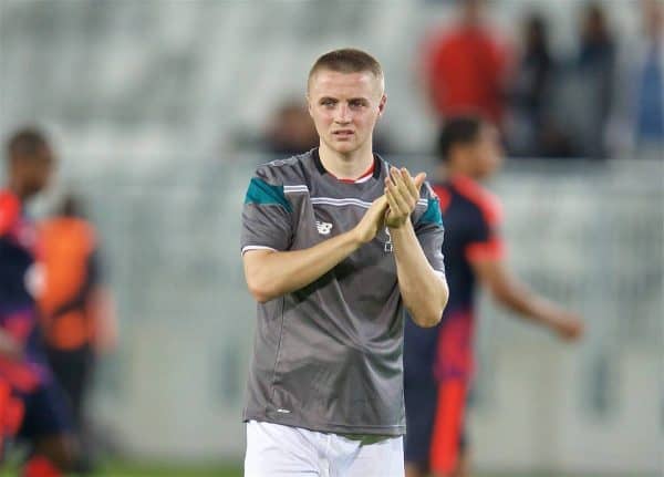 BORDEAUX, FRANCE - Thursday, September 17, 2015: Liverpool's Jordan Rossiter applauds the travelling supporters after the 1-1 draw with FC Girondins de Bordeaux the UEFA Europa League Group Stage Group B match at the Nouveau Stade de Bordeaux. (Pic by David Rawcliffe/Propaganda)