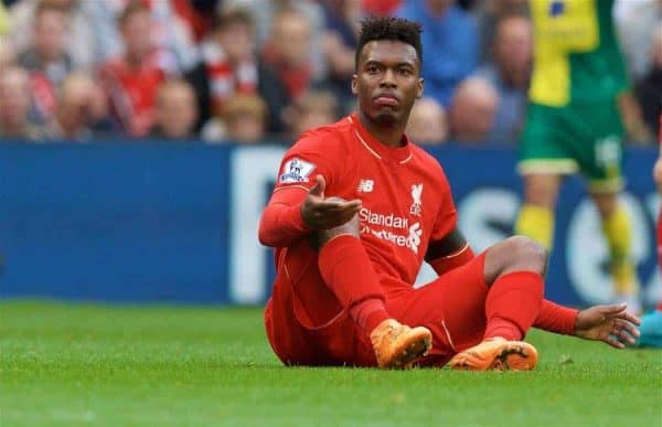 LIVERPOOL, ENGLAND - Sunday, September 20, 2015: Liverpool's Daniel Sturridge being fouled during the Premier League match against Norwich City at Anfield. (Pic by David Rawcliffe/Propaganda)