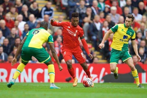 LIVERPOOL, ENGLAND - Sunday, September 20, 2015: Liverpool's Daniel Sturridge in action during the Premier League match against Norwich City at Anfield. (Pic by David Rawcliffe/Propaganda)