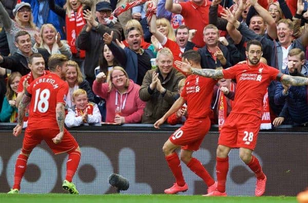 LIVERPOOL, ENGLAND - Sunday, September 20, 2015: Liverpool's Danny Ings celebrates scoring the first goal with teammates Alberto Moreno and Philippe Coutinho Correia during the Premier League match against Norwich City at Anfield. (Pic by David Rawcliffe/Propaganda)