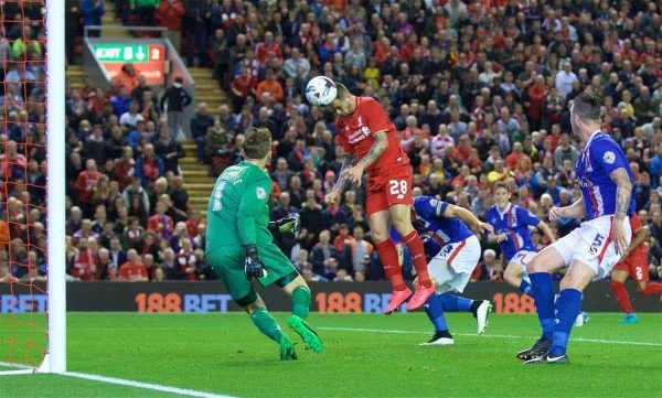 LIVERPOOL, ENGLAND - Wednesday, September 23, 2015: Liverpool's Danny Ings scores the first goal against Carlisle United during the Football League Cup 3rd Round match at Anfield. (Pic by David Rawcliffe/Propaganda)