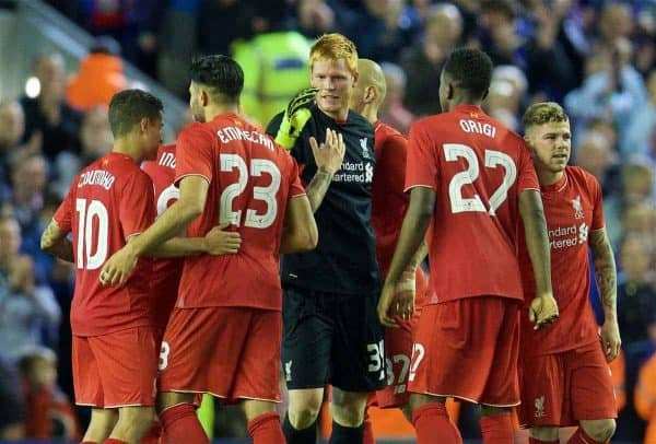 LIVERPOOL, ENGLAND - Wednesday, September 23, 2015: Liverpool's goalkeeper Adam Bogdan celebrates after his saves in the penalty shoot out sealed a 3-2 victory after a 1-1 draw against Carlisle United during the Football League Cup 3rd Round match at Anfield. (Pic by David Rawcliffe/Propaganda)