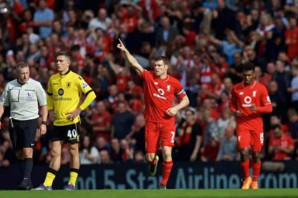 LIVERPOOL, ENGLAND - Saturday, September 26, 2015: Liverpool's James Milner celebrates scoring the first goal against Aston Villa during the Premier League match at Anfield. (Pic by David Rawcliffe/Propaganda)