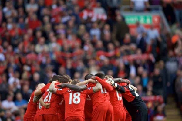 LIVERPOOL, ENGLAND - Saturday, September 26, 2015: Liverpool players form a team huddle before during the Premier League match against Aston Villa at Anfield. (Pic by David Rawcliffe/Propaganda)